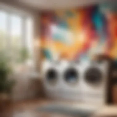 Abstract art wallpaper adding creativity to laundry room decor