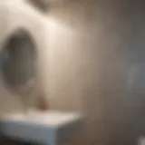 Detailed view of water stains on a bathroom wall indicating a potential leak.