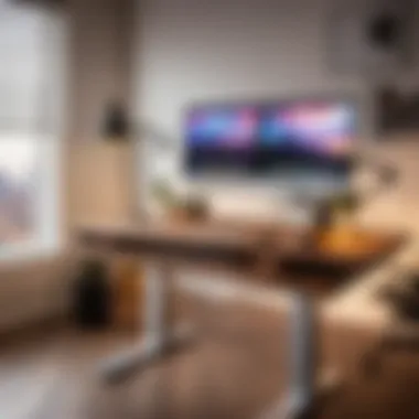 An electric standing desk with adjustable height feature