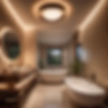 Round bathroom ceiling fan with ambient lighting in a cozy bathroom