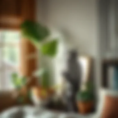 Serene Corner with Owl Sculpture A serene bedroom corner featuring potted plants and an artistic sculpture of a wise owl.