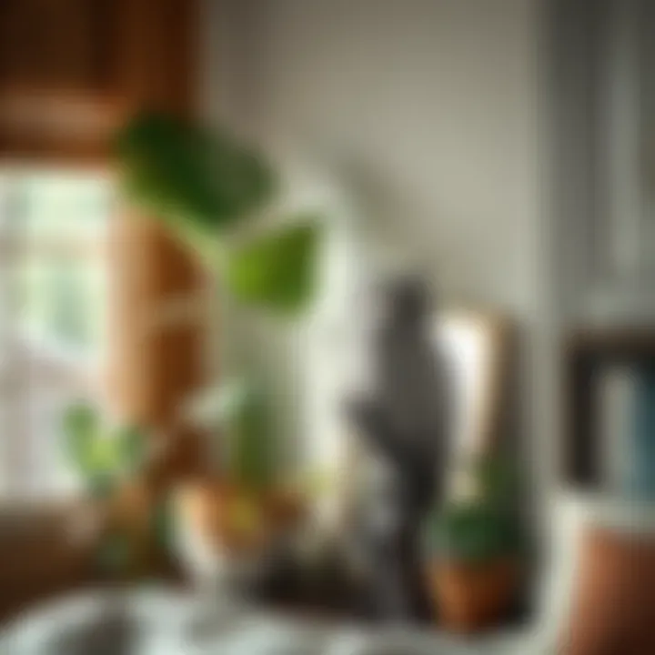 Serene Corner with Owl Sculpture A serene bedroom corner featuring potted plants and an artistic sculpture of a wise owl.