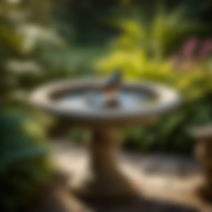 Antique stone bird bath surrounded by lush greenery