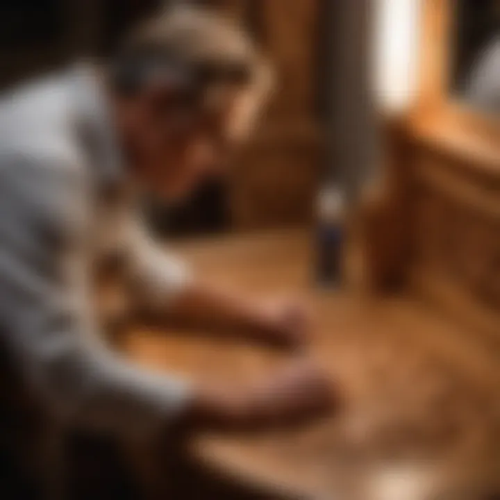 Applying intricate wood carving on oak vanity