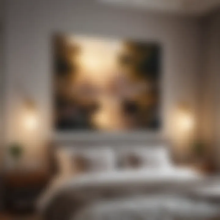 Calming bedroom atmosphere with soft-toned painting on the wall