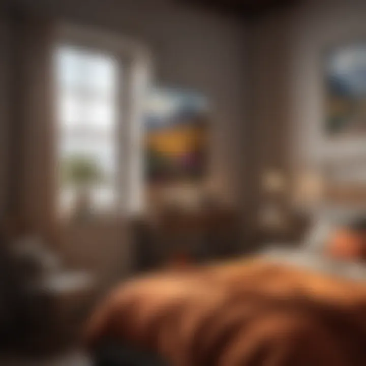 Close-up of a colorful landscape painting in a cozy bedroom corner