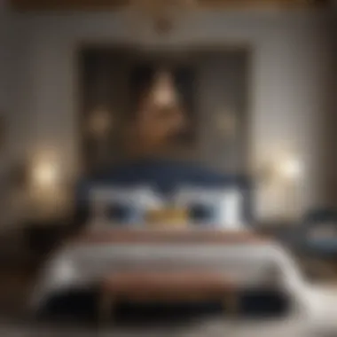 Elegant bedroom showcasing a collection of framed art pieces