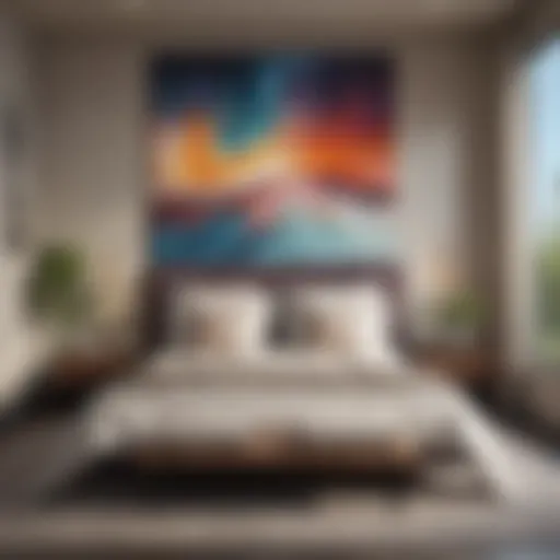 Serenity in Bedroom Design with Abstract Art A serene bedroom with large abstract painting above the bed