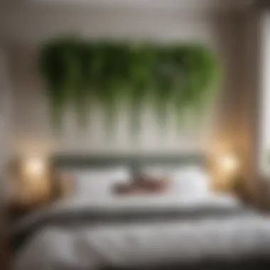 Greenery Accent Artistic display of hanging plants above bed