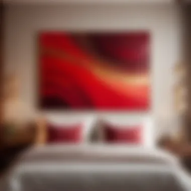 Artistic red abstract painting above bed