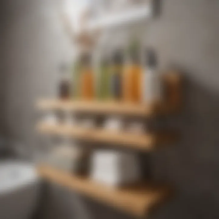 Close-up of bamboo bathroom wall shelf with toiletries neatly organized