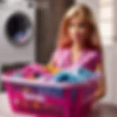Barbie doll sorting miniature clothes in laundry basket