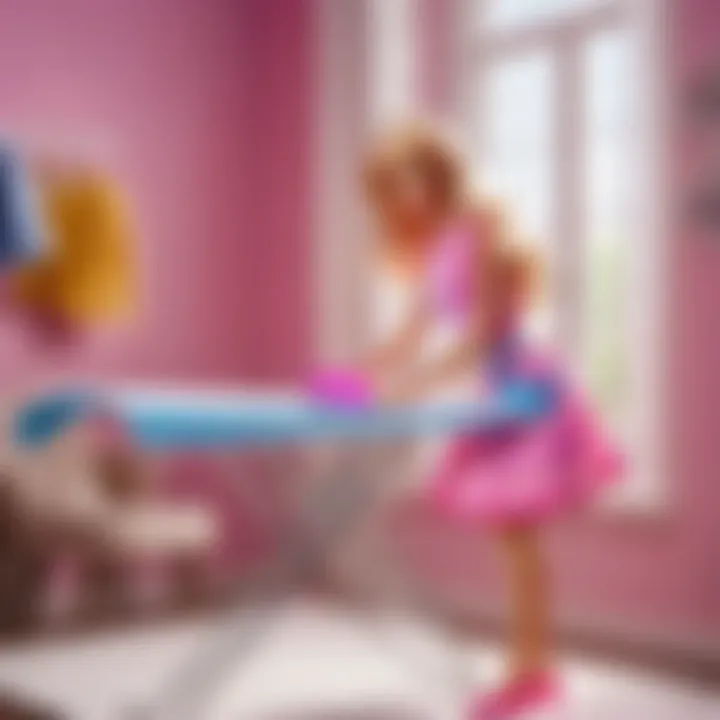 Barbie doll ironing tiny outfits on ironing board