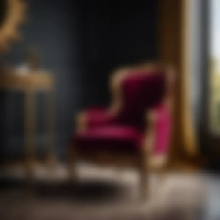 Luxurious velvet-upholstered bathroom chair in a regal color palette