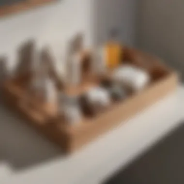 Stylish wooden bathroom tray holding toiletries