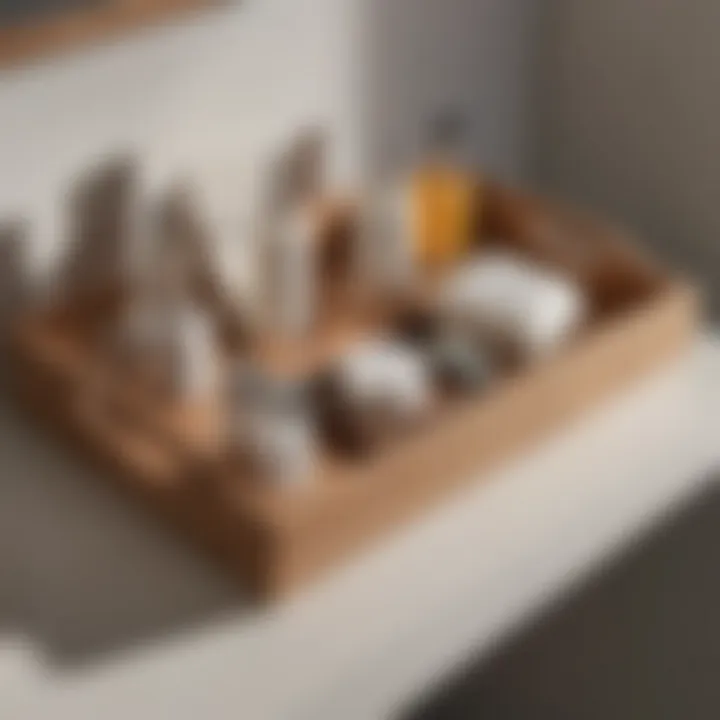 Stylish wooden bathroom tray holding toiletries