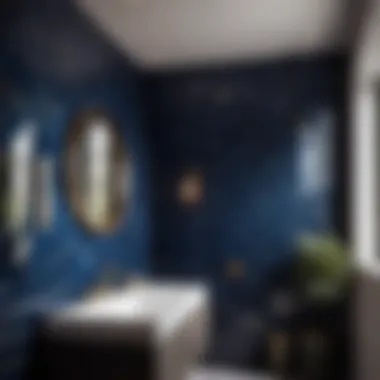 Sophisticated Bathroom Featuring Dark Blue Geometric Tiles Chic bathroom with dark blue geometric tiles