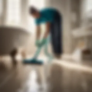 Bathroom floor being cleaned and prepped for linoleum installation