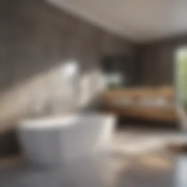 The spatial dynamics of a modern bathroom with a freestanding bath and wall interaction.