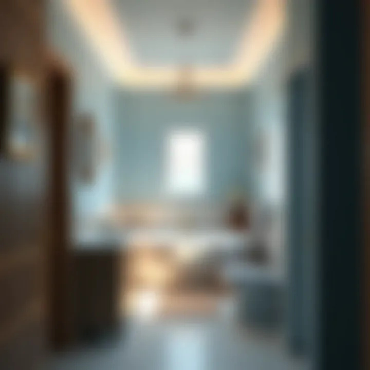 A serene beachy bathroom featuring soft blue walls and natural wood accents.