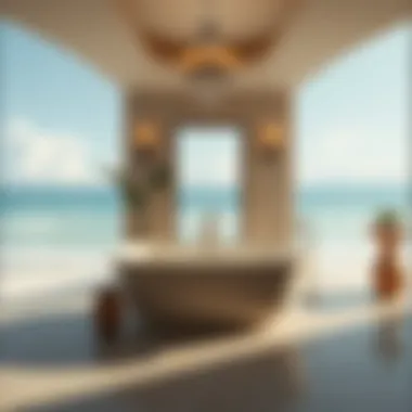 Oceanview Oasis A luxurious bathroom with a freestanding tub overlooking a beach view.