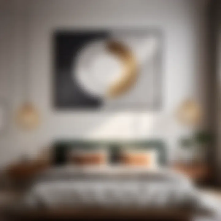 Minimalist geometric art print above bed