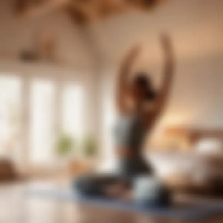 Woman practicing yoga in a serene bedroom setting