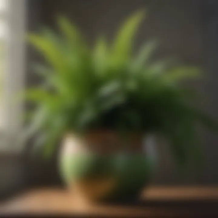 Close-up of a vibrant green fern in a stylish ceramic pot