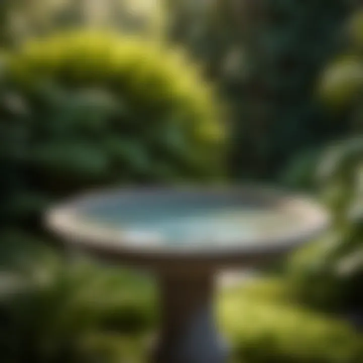 Concrete birdbath surrounded by lush greenery after restoration