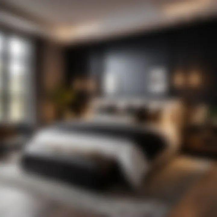 Industrial farmhouse bedroom featuring black accent wall and industrial-style decor