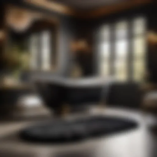 Luxurious black fuzzy bathroom rug draped elegantly over a bathtub