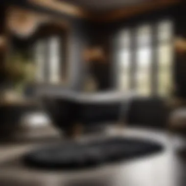 Elegant Draping Over Bathtub Luxurious black fuzzy bathroom rug draped elegantly over a bathtub