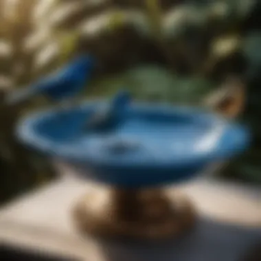 Harmony with Nature Blue ceramic bird bath with birds perched on the edge