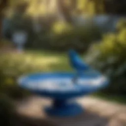 Blue ceramic bird bath in garden setting