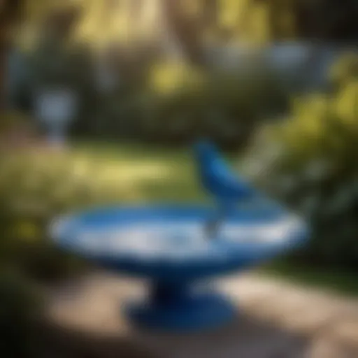 Blue ceramic bird bath in garden setting