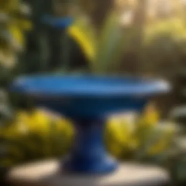 Glistening Beauty Blue ceramic bird bath with stand under sunlight