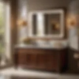 Brown bathroom vanity with sink and marble countertop