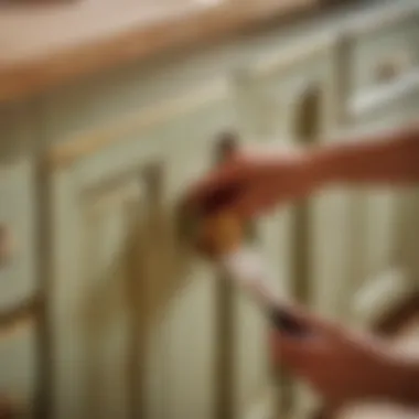 Brush applying paint to bathroom cabinet doors