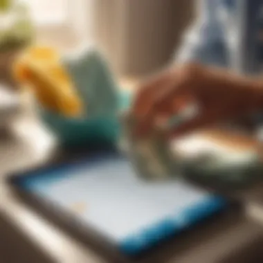 Person calculating laundry expenses on a digital tablet