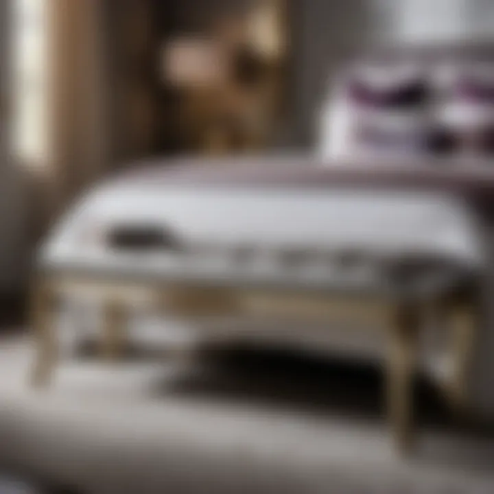 Chic bench at the foot of the bed with metallic accents