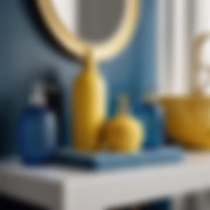 Sophisticated Accessory Display Chic blue and yellow bathroom accessories arrangement