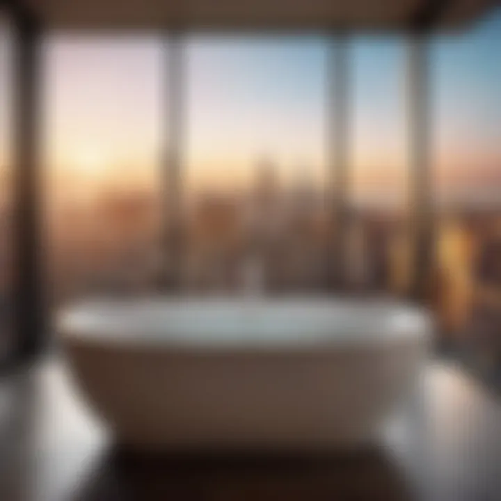 Chic and stylish oversized bathtub with a panoramic view of a city skyline