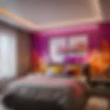 Abstract artwork of a small bedroom with a pop of color