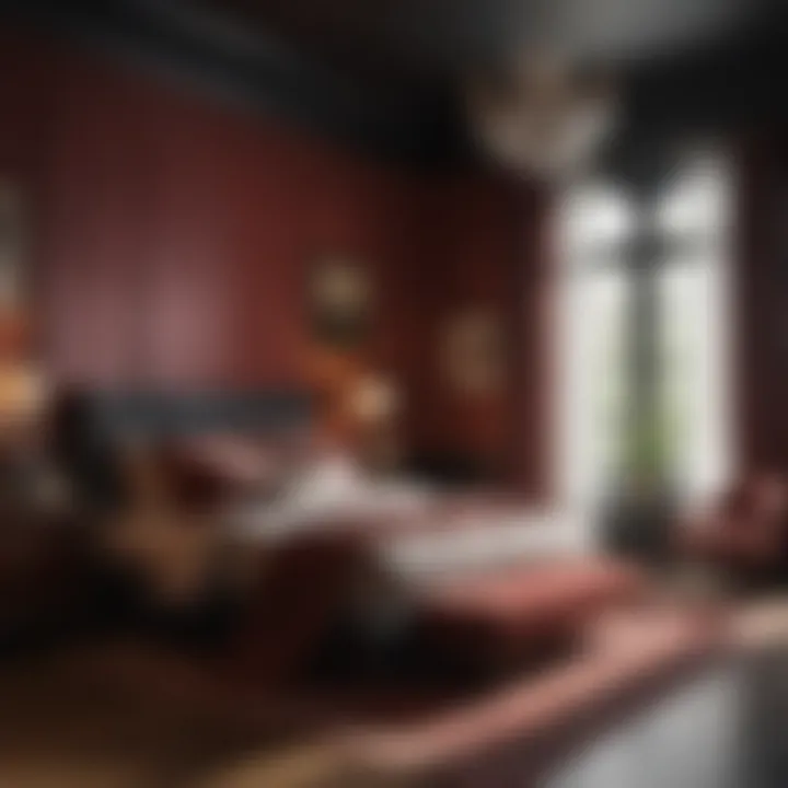 A dramatic bedroom with deep, rich colors, creating an intimate and cozy atmosphere.