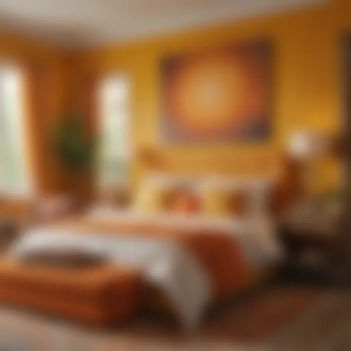 A vibrant bedroom featuring warm yellows and oranges, exuding energy and cheerfulness.