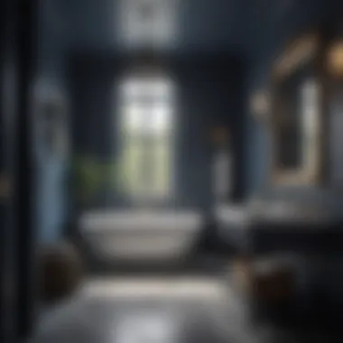 An elegant bathroom featuring rich navy walls, illuminated by warm artificial lighting.