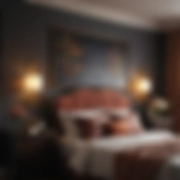 Bedroom with dark furniture and complementary wall color.