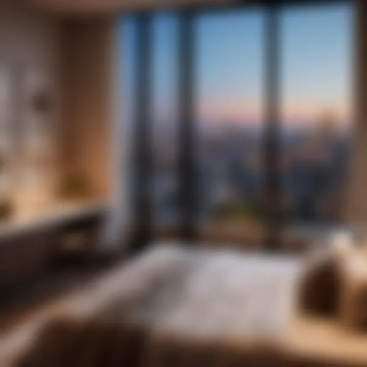 Intimate Bedroom Corner with City View Balcony Cozy bedroom corner with balcony overlooking cityscape