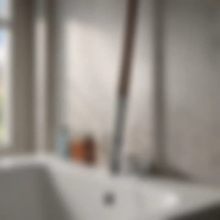 An assortment of cleaning solutions paired with a bathroom cleaning wand