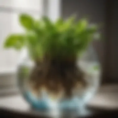 Close-up of plant roots submerged in a transparent vase filled with water